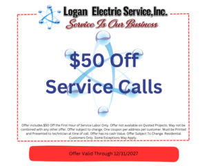 Logan Electric Service promo for $50 off Service Calls - valid through 12/31/2027.