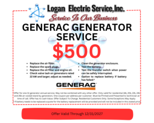 Logan Electric Service offering GENERAC Generator Service for $500, with offer valid through 12/31/2027
